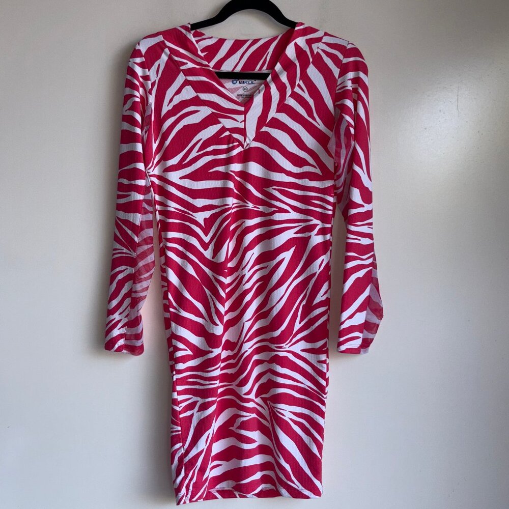 IBKUL Zebra Print Long Sleeve UPF Sun Dress Size XS V-Neck
